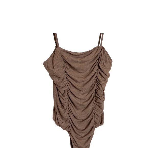 Lulus Ruche Order Taupe Ribbed Ruched Cami Tank Bodysuit Women’s Size Medium - Picture 5 of 5